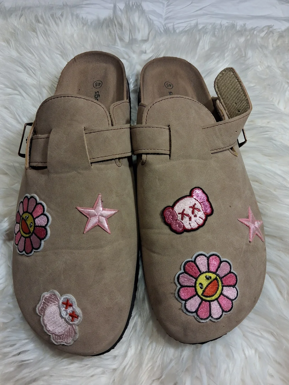Women's Beige Embroidered Slip-On Clogs with Pink Accents